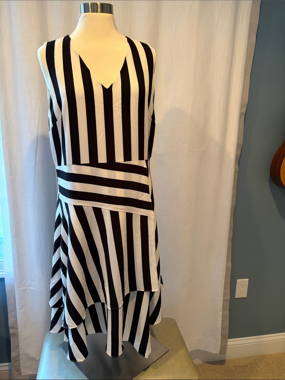 Vince Camuto Black and White Striped Sleeveless High-Low Dress
